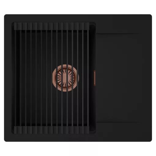 HD Onyx Black 58 egymedencés mosogatótálca szett, matt fekete csepegtetőráccsal, csepegtetőtálcával, matt fekete színben, szálcsiszolt réz leeresztő szifonnal