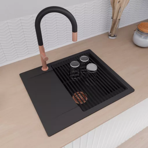 HD Onyx Black 58 egymedencés mosogatótálca szett, matt fekete csepegtetőráccsal, csepegtetőtálcával, matt fekete színben, szálcsiszolt réz leeresztő szifonnal