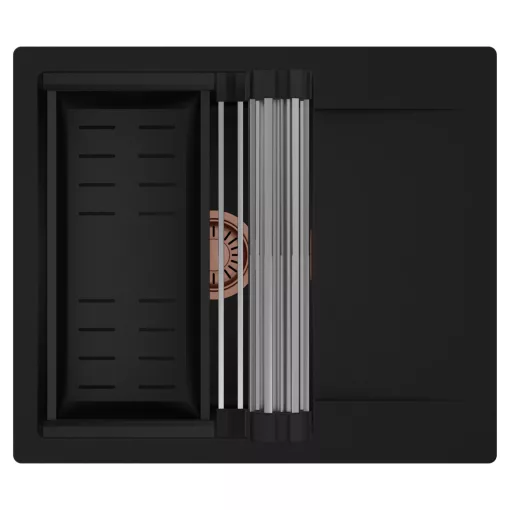 HD Onyx Black 58 egymedencés mosogatótálca szett, acél csepegtetőráccsal és matt fekete kosárral, csepegtetőtálcával, matt fekete színben, szálcsiszolt réz leeresztő szifonnal