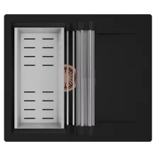 HD Onyx Black 58 egymedencés mosogatótálca szett, acél csepegtetőráccsal és kosárral, csepegtetőtálcával, matt fekete színben, szálcsiszolt réz leeresztő szifonnal