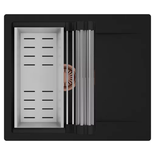 HD Onyx Black 58 egymedencés mosogatótálca szett, acél csepegtetőráccsal és kosárral, csepegtetőtálcával, matt fekete színben, szálcsiszolt réz leeresztő szifonnal