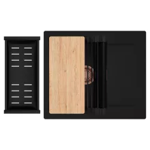 HD Onyx Black 58 egymedencés gránit mosogatótálca szett, csepegtetőtálcával, vágódeszkával, matt fekete csepegtetőráccsal és kosárral, matt fekete színben, szálcsiszolt réz leeresztő szifonnal