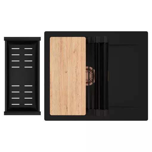 HD Onyx Black 58 egymedencés gránit mosogatótálca szett, csepegtetőtálcával, vágódeszkával, matt fekete csepegtetőráccsal és kosárral, matt fekete színben, szálcsiszolt réz leeresztő szifonnal