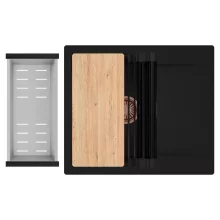 HD Onyx Black 58 egymedencés gránit mosogatótálca szett, csepegtetőtálcával, vágódeszkával, matt fekete csepegtetőráccsal és krómozott kosárral, matt fekete színben, szálcsiszolt réz leeresztő szifonnal