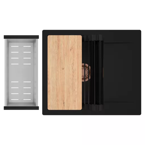 HD Onyx Black 58 egymedencés gránit mosogatótálca szett, csepegtetőtálcával, vágódeszkával, matt fekete csepegtetőráccsal és krómozott kosárral, matt fekete színben, szálcsiszolt réz leeresztő szifonnal