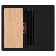 HD Onyx Black 58 egymedencés gránit mosogatótálca szett, csepegtetőtálcával, vágódeszkával, matt fekete csepegtetőráccsal, matt fekete színben, szálcsiszolt réz leeresztő szifonnal