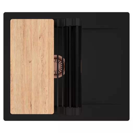 HD Onyx Black 58 egymedencés gránit mosogatótálca szett, csepegtetőtálcával, vágódeszkával, matt fekete csepegtetőráccsal, matt fekete színben, szálcsiszolt réz leeresztő szifonnal