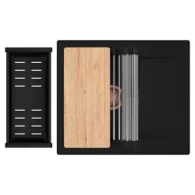 HD Onyx Black 58 egymedencés gránit mosogatótálca szett, csepegtetőtálcával, vágódeszkával, acél csepegtetőráccsal és matt fekete kosárral, matt fekete színben, szálcsiszolt réz leeresztő szifonnal