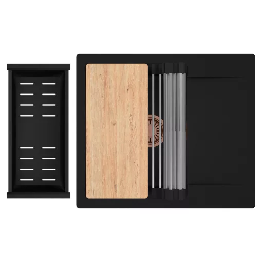 HD Onyx Black 58 egymedencés gránit mosogatótálca szett, csepegtetőtálcával, vágódeszkával, acél csepegtetőráccsal és matt fekete kosárral, matt fekete színben, szálcsiszolt réz leeresztő szifonnal