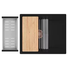 HD Onyx Black 58 egymedencés gránit mosogatótálca szett, csepegtetőtálcával, vágódeszkával, acél csepegtetőráccsal és kosárral, matt fekete színben, szálcsiszolt réz leeresztő szifonnal