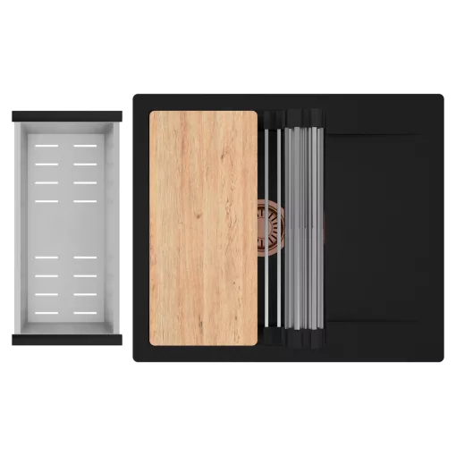 HD Onyx Black 58 egymedencés gránit mosogatótálca szett, csepegtetőtálcával, vágódeszkával, acél csepegtetőráccsal és kosárral, matt fekete színben, szálcsiszolt réz leeresztő szifonnal