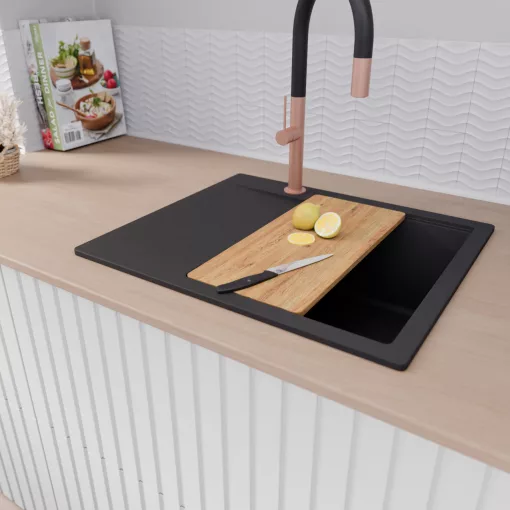 HD Onyx Black 58 egymedencés gránit mosogatótálca szett, csepegtetőtálcával, vágódeszkával, acél csepegtetőráccsal és kosárral, matt fekete színben, szálcsiszolt réz leeresztő szifonnal