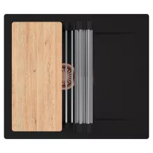 HD Onyx Black 58 egymedencés gránit mosogatótálca szett, csepegtetőtálcával, vágódeszkával, acél csepegtetőráccsal, matt fekete színben, szálcsiszolt réz leeresztő szifonnal