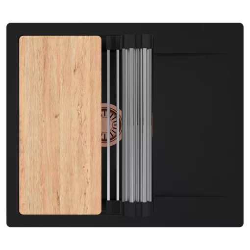 HD Onyx Black 58 egymedencés gránit mosogatótálca szett, csepegtetőtálcával, vágódeszkával, acél csepegtetőráccsal, matt fekete színben, szálcsiszolt réz leeresztő szifonnal