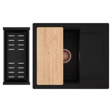 HD Onyx Black 58 egymedencés gránit mosogatótálca szett, csepegtetőtálcával, vágódeszkával, matt fekete csepegtetőkosárral, matt fekete színben, szálcsiszolt réz leeresztő szifonnal