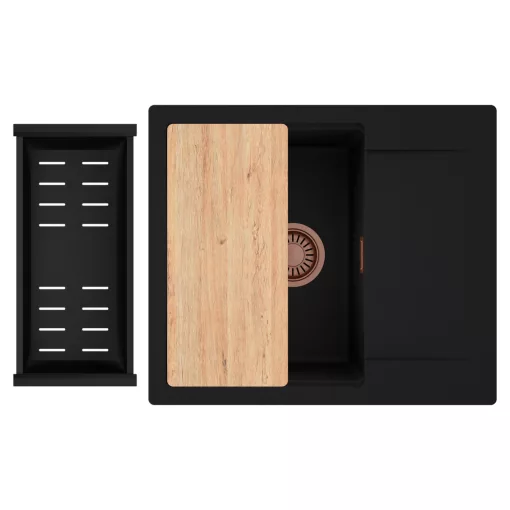 HD Onyx Black 58 egymedencés gránit mosogatótálca szett, csepegtetőtálcával, vágódeszkával, matt fekete csepegtetőkosárral, matt fekete színben, szálcsiszolt réz leeresztő szifonnal