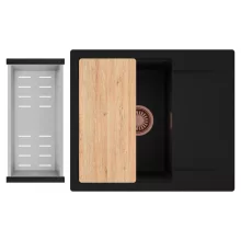 HD Onyx Black 58 egymedencés gránit mosogatótálca szett, csepegtetőtálcával, vágódeszkával, acél csepegtetőkosárral, matt fekete színben, szálcsiszolt réz leeresztő szifonnal