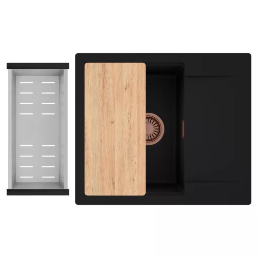 HD Onyx Black 58 egymedencés gránit mosogatótálca szett, csepegtetőtálcával, vágódeszkával, acél csepegtetőkosárral, matt fekete színben, szálcsiszolt réz leeresztő szifonnal