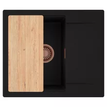 HD Onyx Black 58 egymedencés gránit mosogatótálca, vágódeszkával, matt fekete színben, szálcsiszolt réz leeresztő szifonnal