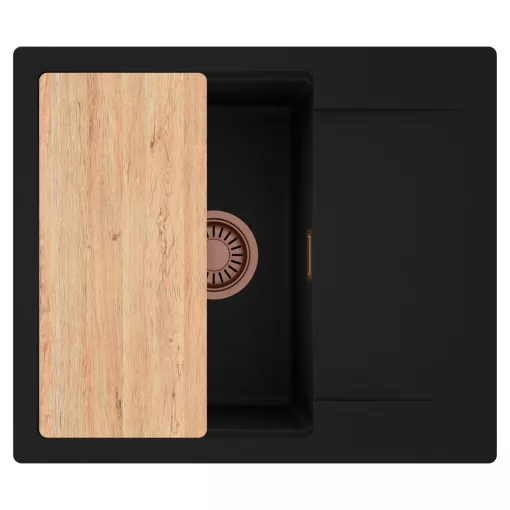 HD Onyx Black 58 egymedencés gránit mosogatótálca, vágódeszkával, matt fekete színben, szálcsiszolt réz leeresztő szifonnal