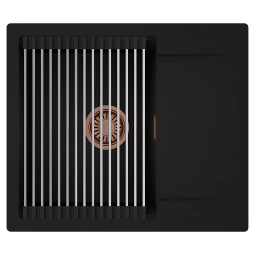 HD Onyx Black 58 egymedencés mosogatótálca szett, acél csepegtetőráccsal, csepegtetőtálcával, matt fekete színben, szálcsiszolt réz leeresztő szifonnal