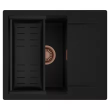 HD Onyx Black 58 egymedencés mosogatótálca szett, matt fekete csepegtetőkosárral, csepegtetőtálcával, matt fekete színben, szálcsiszolt réz leeresztő szifonnal