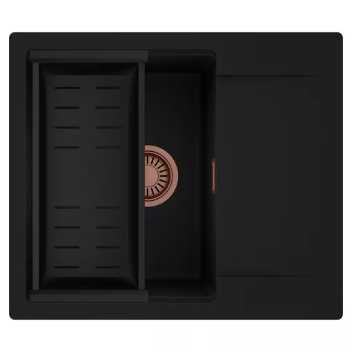 HD Onyx Black 58 egymedencés mosogatótálca szett, matt fekete csepegtetőkosárral, csepegtetőtálcával, matt fekete színben, szálcsiszolt réz leeresztő szifonnal