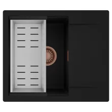 HD Onyx Black 58 egymedencés mosogatótálca szett, acél csepegtetőkosárral, csepegtetőtálcával, matt fekete színben, szálcsiszolt réz leeresztő szifonnal