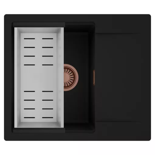 HD Onyx Black 58 egymedencés mosogatótálca szett, acél csepegtetőkosárral, csepegtetőtálcával, matt fekete színben, szálcsiszolt réz leeresztő szifonnal