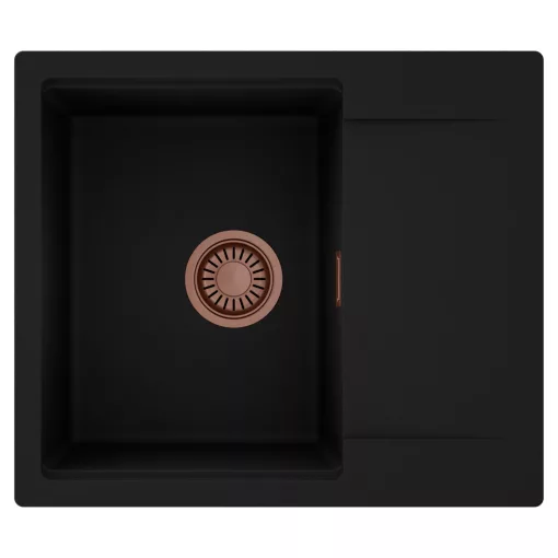 HD Onyx Black 58 egymedencés mosogatótálca, csepegtetőtálcával, matt fekete színben, szálcsiszolt réz leeresztő szifonnal