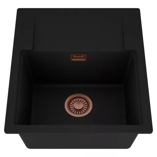 HD Onyx Black 58 egymedencés mosogatótálca, csepegtetőtálcával, matt fekete színben, szálcsiszolt réz leeresztő szifonnal