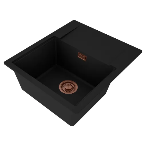 HD Onyx Black 58 egymedencés mosogatótálca, csepegtetőtálcával, matt fekete színben, szálcsiszolt réz leeresztő szifonnal