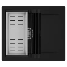 HD Onyx Black 58 egymedencés mosogatótálca szett, matt fekete csepegtetőráccsal és krómozott kosárral, csepegtetőtálcával, matt fekete színben