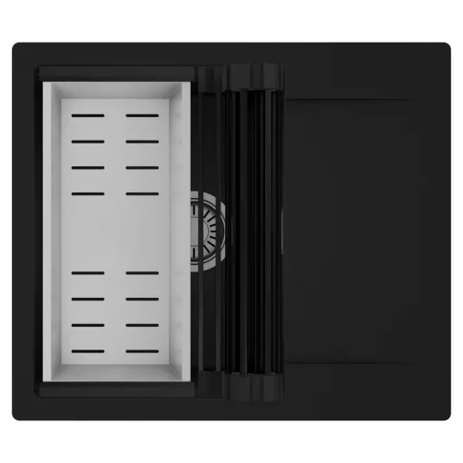 HD Onyx Black 58 egymedencés mosogatótálca szett, matt fekete csepegtetőráccsal és krómozott kosárral, csepegtetőtálcával, matt fekete színben