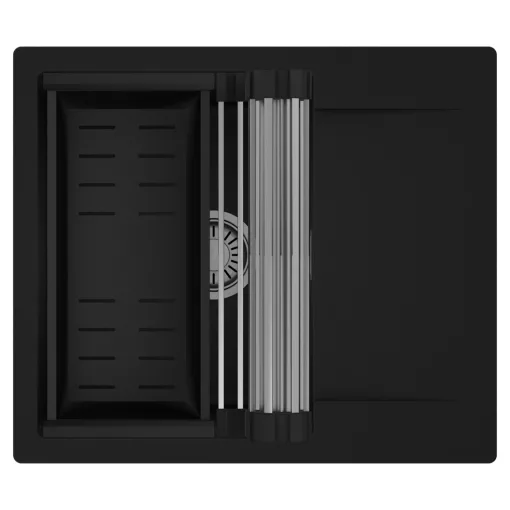 HD Onyx Black 58 egymedencés mosogatótálca szett, acél csepegtetőráccsal és matt fekete kosárral, csepegtetőtálcával, matt fekete színben