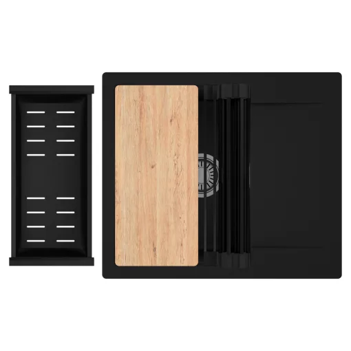 HD Onyx Black 58 egymedencés gránit mosogatótálca szett, csepegtetőtálcával, vágódeszkával, matt fekete csepegtetőráccsal és kosárral, matt fekete színben