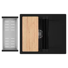 HD Onyx Black 58 egymedencés gránit mosogatótálca szett, csepegtetőtálcával, vágódeszkával, matt fekete csepegtetőráccsal és krómozott kosárral, matt fekete színben