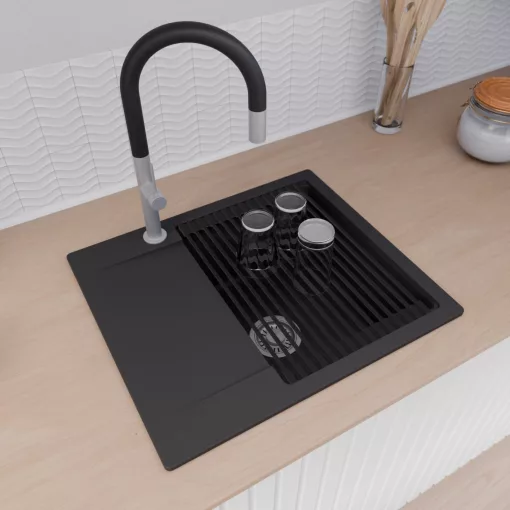 HD Onyx Black 58 egymedencés gránit mosogatótálca szett, csepegtetőtálcával, vágódeszkával, matt fekete csepegtetőráccsal és krómozott kosárral, matt fekete színben