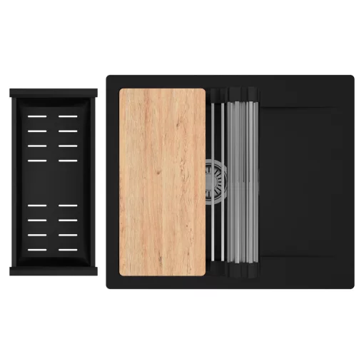 HD Onyx Black 58 egymedencés gránit mosogatótálca szett, csepegtetőtálcával, vágódeszkával, acél csepegtetőráccsal és matt fekete kosárral, matt fekete színben