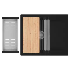   HD Onyx Black 58 egymedencés gránit mosogatótálca szett, csepegtetőtálcával, vágódeszkával, acél csepegtetőráccsal és kosárral, matt fekete színben