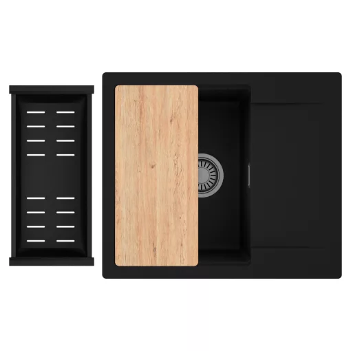 HD Onyx Black 58 egymedencés gránit mosogatótálca szett, csepegtetőtálcával, vágódeszkával, matt fekete csepegtetőkosárral, matt fekete színben