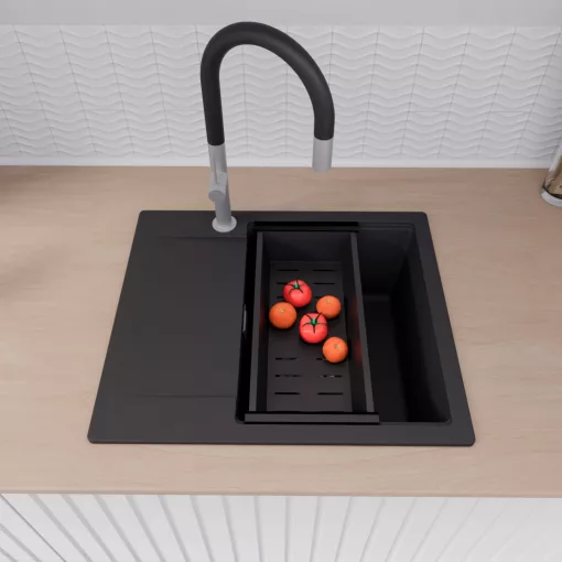 HD Onyx Black 58 egymedencés gránit mosogatótálca szett, csepegtetőtálcával, vágódeszkával, matt fekete csepegtetőkosárral, matt fekete színben