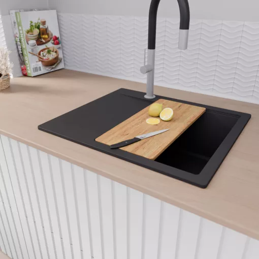 HD Onyx Black 58 egymedencés gránit mosogatótálca szett, csepegtetőtálcával, vágódeszkával, acél csepegtetőkosárral, matt fekete színben