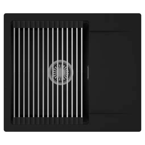 HD Onyx Black 58 egymedencés mosogatótálca szett, acél csepegtetőráccsal, csepegtetőtálcával, matt fekete színben