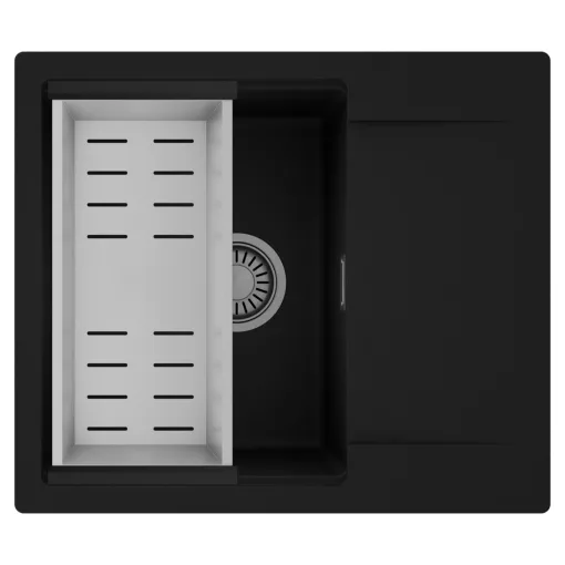 HD Onyx Black 58 egymedencés mosogatótálca szett, acél csepegtetőkosárral, csepegtetőtálcával, matt fekete színben