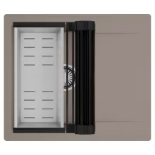 HD Onyx Tortora 58 egymedencés mosogatótálca szett, matt fekete csepegtetőráccsal és krómozott kosárral, csepegtetőtálcával, tortora színben, szálcsiszolt króm leeresztő szifonnal