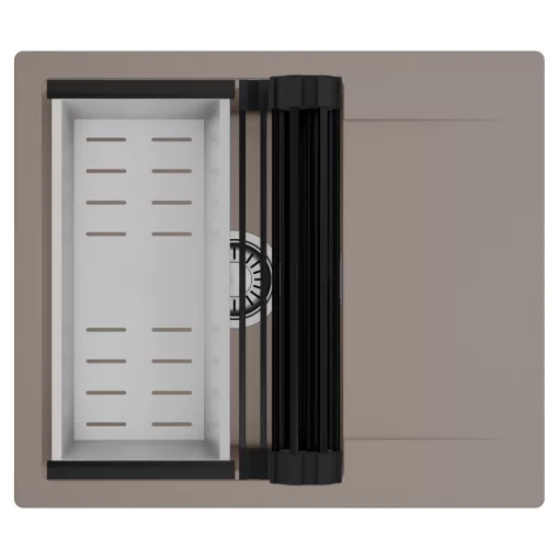 HD Onyx Tortora 58 egymedencés mosogatótálca szett, matt fekete csepegtetőráccsal és krómozott kosárral, csepegtetőtálcával, tortora színben, szálcsiszolt króm leeresztő szifonnal