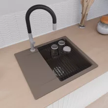 HD Onyx Tortora 58 egymedencés mosogatótálca szett, matt fekete csepegtetőráccsal és krómozott kosárral, csepegtetőtálcával, tortora színben, szálcsiszolt króm leeresztő szifonnal