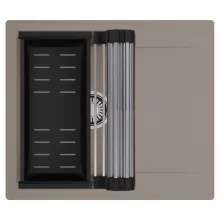 HD Onyx Tortora 58 egymedencés mosogatótálca szett, acél csepegtetőráccsal és matt fekete kosárral, csepegtetőtálcával, tortora színben, szálcsiszolt króm leeresztő szifonnal