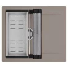 HD Onyx Tortora 58 egymedencés mosogatótálca szett, acél csepegtetőráccsal és kosárral, csepegtetőtálcával, tortora színben, szálcsiszolt króm leeresztő szifonnal